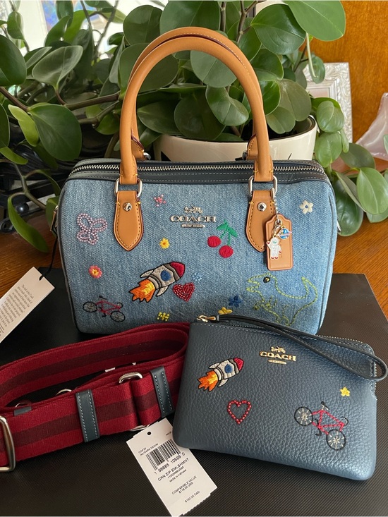 Coach Handbags - NWOT Coach Rowan Satchel in Denim Embroidery with Matching NWT Wristlet